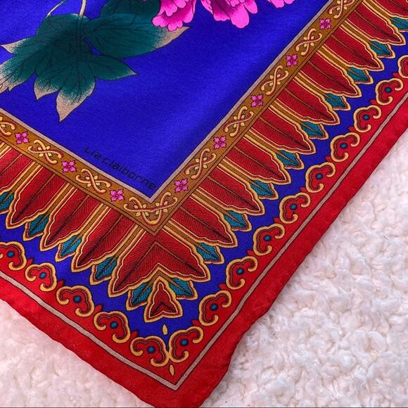 Floral Square Blue and Red Scarf Small - Picture 4 of 7